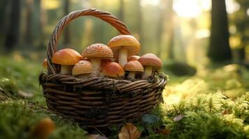 Gathering Fresh Mushrooms in a Wicker Basket in a Tranquil Forest During Golden Hour photo