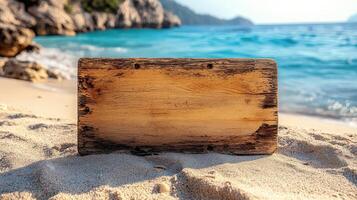 Wooden Board on Summer Beach With Clear Sea Background and Natural Light for Creative Content photo