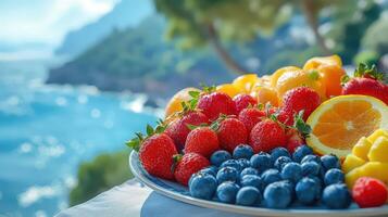 Colorful Fruit Plate on a Sunny Day by the Sea With a Serene Blue Backdrop photo