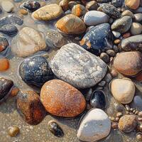 Textured Wet Pebbles Glisten on the Shoreline Under Soft Sunlight During a Tranquil Beach Moment photo