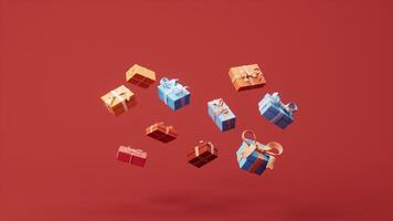 Cartoon style gift boxes with red background, 3d rendering. video