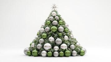 Elegant Christmas Tree Crafted From Green and Silver Ornaments on a Clean White Background photo
