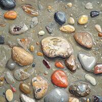 Wet Pebbles Glistening on a Sandy Beach Under Soft Sunlight During a Tranquil Morning photo