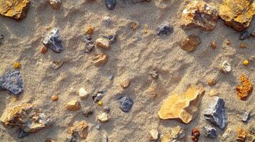 Exploring the Intricate Textures of Sand With Various Stones on a Sunlit Beach photo
