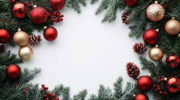 Beautiful Christmas Tree Composition With Festive Ornaments and Pine Cones on a White Background photo