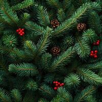 Vibrant Christmas Tree Branches Adorned With Pinecones and Berries During the Festive Holiday Season photo