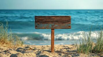 Wooden Sign With Empty Space for Text on a Serene Summer Beach With Gentle Waves and Clear Skies photo