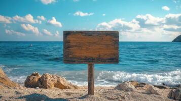 Wooden Sign With Copy Space on Summer Beach Beside Calm Sea Under Blue Sky and Clouds photo
