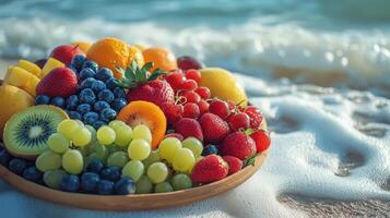 Colorful Fruit Platter Resting on Sandy Beach With Ocean Waves in the Background During Summer photo