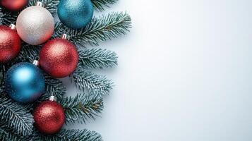 Beautiful Christmas Tree Composition With Colorful Christmas Balls on a Bright White Background for Festive Decor photo