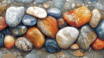 Wet Pebbles Glisten Under Sunlight on the Sandy Beach at Low Tide During the Golden Hour photo