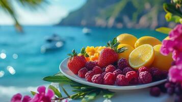 Delicious Summer Fruit Platter Against a Stunning Summer Sea Backdrop With Vibrant Colors photo