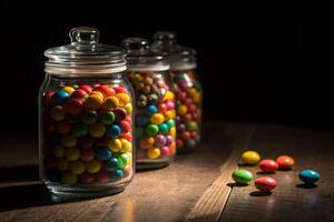 jars of candies, the scene is dark with a spot light on some jars, HDR image-generated by ai photo