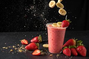 strawberry and banana smoothie floating on black background photo