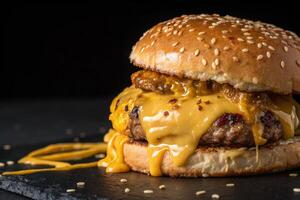 Close-up of melted cheese in burger front view on black background, HDR image, generated by ai photo