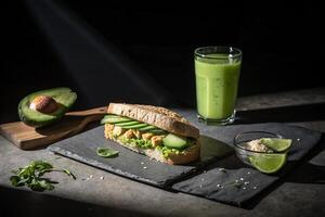 Avocado sandwich and cucumber juice, the scene is dark with a spot light in the center, HDR image photo