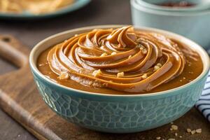 Close-up of a bowl of dulce de leche forming waves on top, HDR image-generated by ai photo