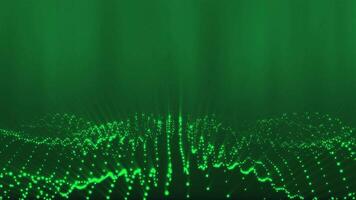 Green glowing circles particles wave at the bottom with light rays and shine on a dark abstract background, horizontal composition. Standard speed. Loop animation footage for graphic design. video