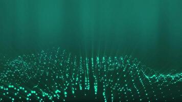 Blue glowing circles particles wave at the bottom with light rays and shine on a dark abstract background, horizontal composition. Standard speed. Loop animation footage for graphic design. video
