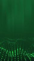 Green glowing circles particles wave at the bottom with light rays and shine on a dark abstract background, vertical composition. Standard speed. Loop animation footage for graphic design. video
