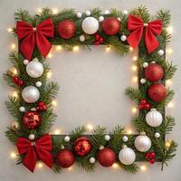 Christmas wreath frame with red and white balls and ornaments on a gray wall photo