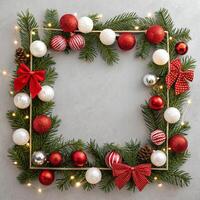 Christmas wreath with red and white balls and fir branches on a gray background photo