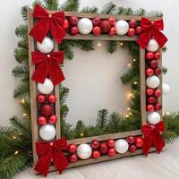 A frame with red and white christmas ornaments on it photo