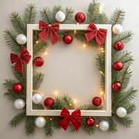 Christmas frame with fir branches and red balls on a white background photo