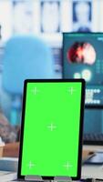 Vertical Aged physician ensures disease prevention with isolated chroma key display, listening to patient with illness to create recovery plan. Medic recommending treatment on health insurance. Camera B. video