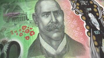 One Hundred Dollar Bill Australian Cash AUD 100 Banknotes Sliding One After Another in a Close-Up Detailed Macro Slide, Seamless Loop Animation. video