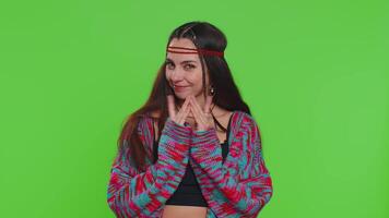 Sneaky cunning woman with tricky face gesticulating and scheming evil plan, cheats, jokes, pranks video
