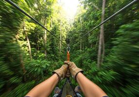 A person riding a zipline through the jungle photo