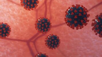 Close-up 3D rendering of viral pathogens interacting with host tissue under microscope. video