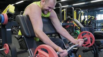 Man with a physical disability doing bicep curls with a barbell in a wheelchair at the gym. video