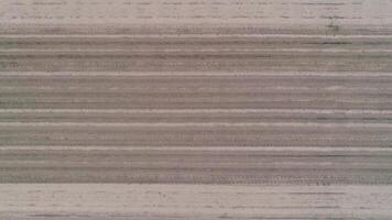 Top-down view of plowed farmland showing straight soil rows. video