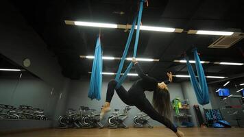 Studio with mirrored wall and hanging silks for advanced stretching. video
