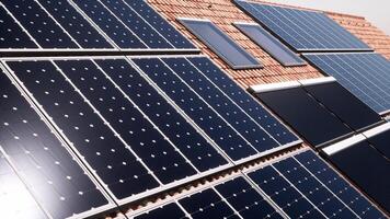 3D animation of Solar panels on the roof. Concept of clean energy, green energy, renewable energy. Alternative energy concept. 3 video