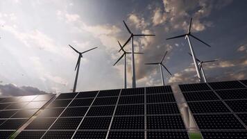 3d Wind farm with green field in the background. Alternative renewable energy generation. Environmental conservation concept. Realistic 3d animation Wind turbines 10 video