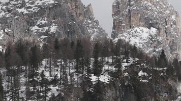 Aerial view of rugged Dolomite peaks near Cortina with snow covered cliffs, dense evergreen forests, and a slow sweeping motion across the landscape. video