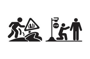 Stop Sign and Danger Warning Icon Set Silhouette Symbols of Alert, Caution, and Human Action vector