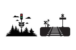 Traffic Light and Railway Crossing Silhouette Transportation Signal Icon Design vector