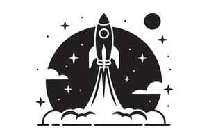 Rocket Launch Icon Space Shuttle Silhouette with Stars and Moon vector