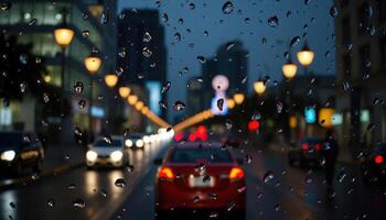A car driving down a street in the rain photo