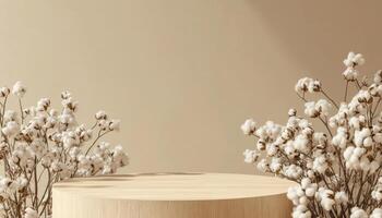 Wooden table with cotton flowers on a beige background photo