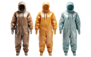 Three different colored rain suits are shown png