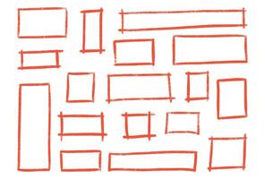 Red crayon or chalk sketchy rectangle highlight set - hand drawn rough marker or ink shapes, graphic underlining element vector
