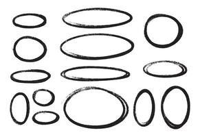 Crayon highlight oval shapes set - hand drawn black chalk or marker sketchy rough ellipse circles vector