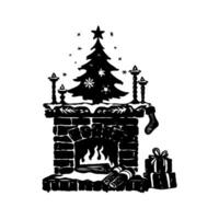 A silhouette of a Christmas scene with a fireplace on a white background. The fireplace is surrounded by presents. vector