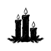 A silhouette of a Christmas three candles with spruce branches are lit and are on a table on a white background. vector