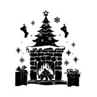 A silhouette of a Christmas scene with a fireplace and a tree. The fireplace is surrounded by presents and a star is on top of the tree. vector